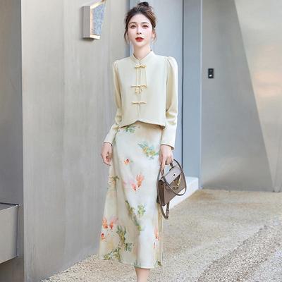 瘦新式盘扣连衣中裙女春秋新欣9697款国风气质显超好看两件套旗装