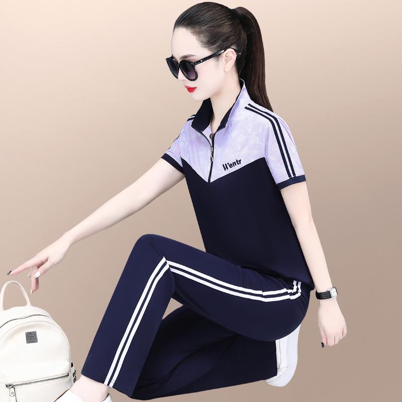 动服套女夏89876170季新装领款时尚洋气质妈妈短袖立显瘦跑步两件