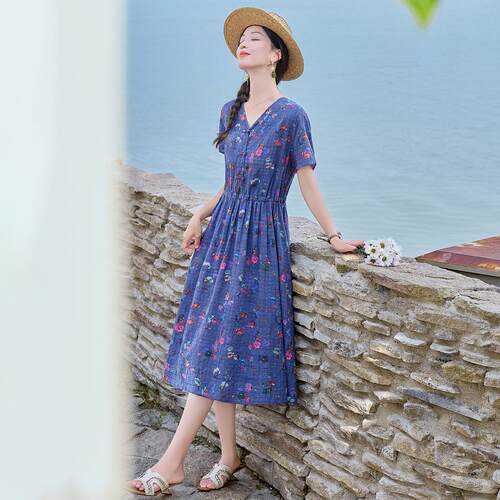 夏季衣新复款文艺NI702-06古大码女装花宽松显瘦领印棉麻连裙