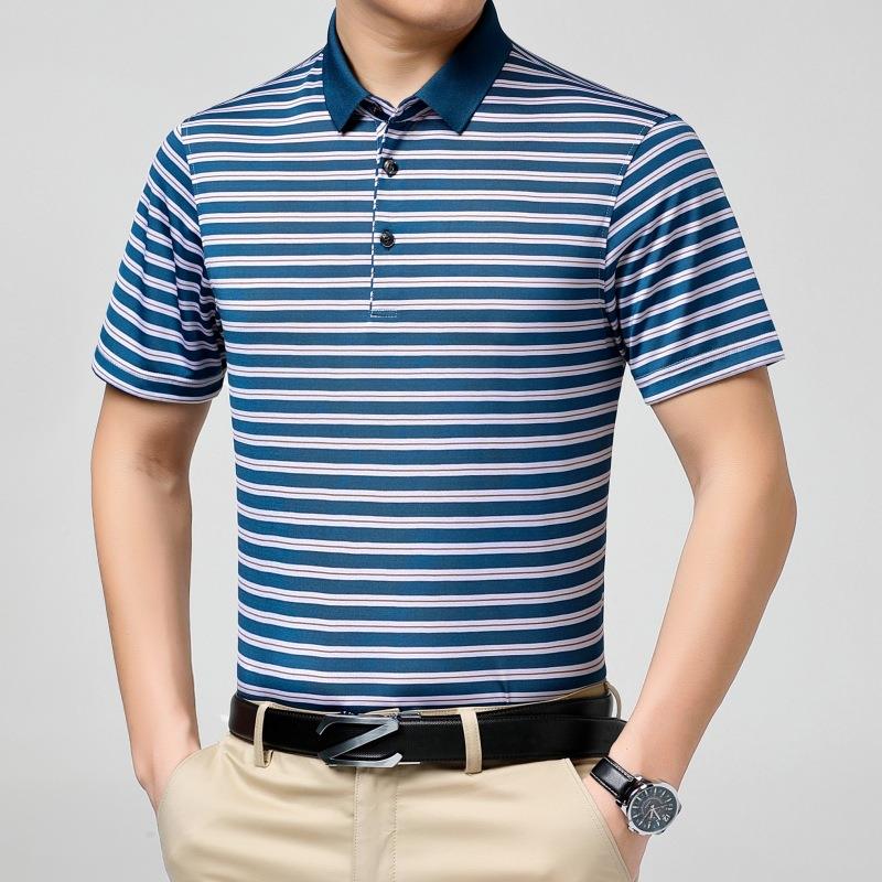 休夏季桑蚕丝条纹短袖恤男爸中年商务9115-B+上衣宽松闲衫爸薄