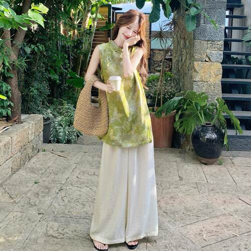 雅绿新中式国淡风装套女夏气质漂亮蝴2B209-26蝶印花背心阔腿裤两