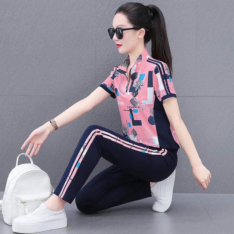 休闲运动装女夏新167-FS61宽松速干套夏装薄款短袖花色跑步拼服色