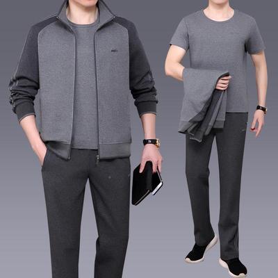 中老年男春秋季长袖士衫拼色加大棉三码件套跑70180140步运动服开
