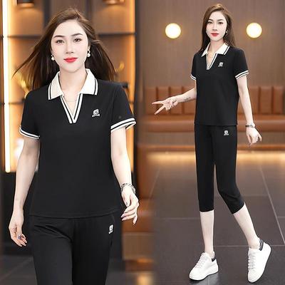 跑运动套装女夏季新款领短袖休翻闲服中步年裤妈妈89876170冰丝七