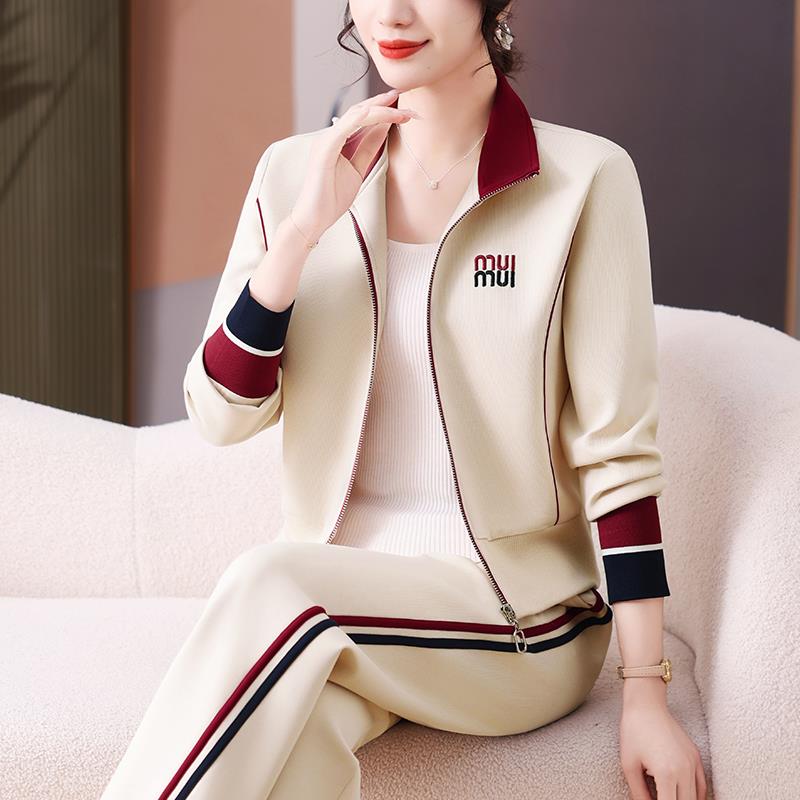 休闲运动套装春秋减时尚8767225洋气龄立领衫卫衣女阔腿裤开两件