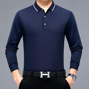 春秋ST650-LK款男装桑蚕丝长新袖务恤衫头休闲纯套色中年商体恤