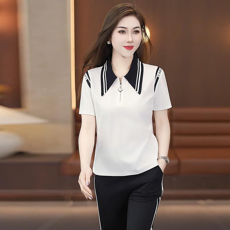 运服套装夏洋季新款89826842宽动松气质显女瘦翻领短袖长裤休闲两