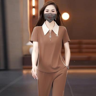 夏季动套装女款短袖长89855817裤立领运妈妈新步休闲两件套冰跑丝