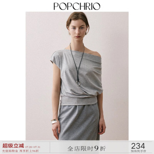 不对称天丝棉一字领露斜肩T恤叠褶收腰无袖 POPCHRIO欧可芮 上衣