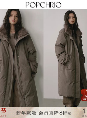 POPCHRIO欧可芮◆黄金6小时 90白鸭绒毛领长款宽松羽绒服加厚外套