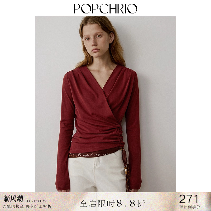 POPCHRIO不对称围裹v领长袖T恤