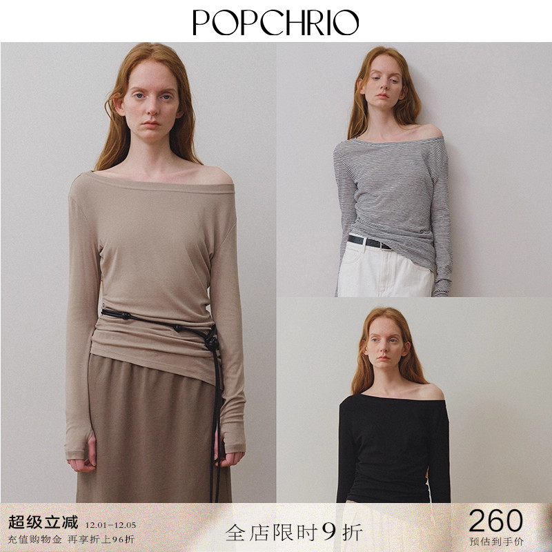 POPCHRIO褶皱一字露斜肩长袖T恤