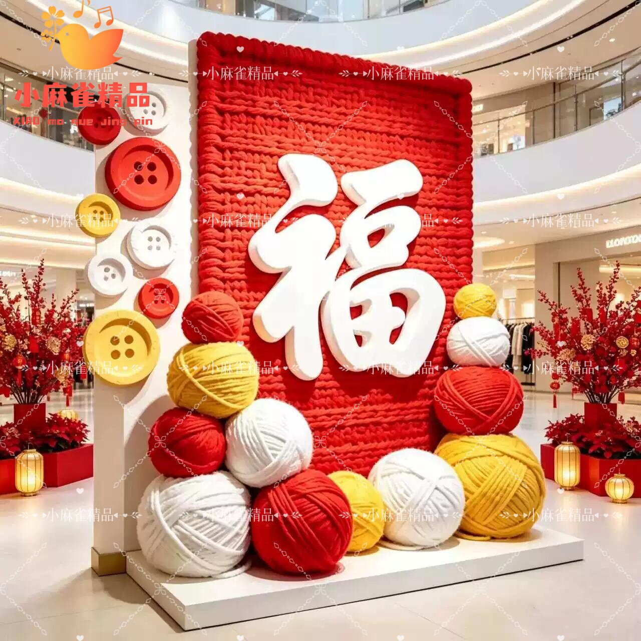新年红福字毛线球店铺橱窗摆件