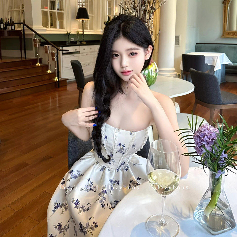 碎花洋装女气质名媛生日礼服裙重工蕾丝拼接鱼骨收腰抹胸a字裙