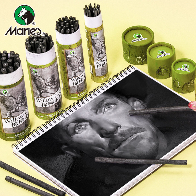 棉柳木炭条美术生专用碳棒炭精画画2-9mm速写绘图25支/筒碳棒特浓