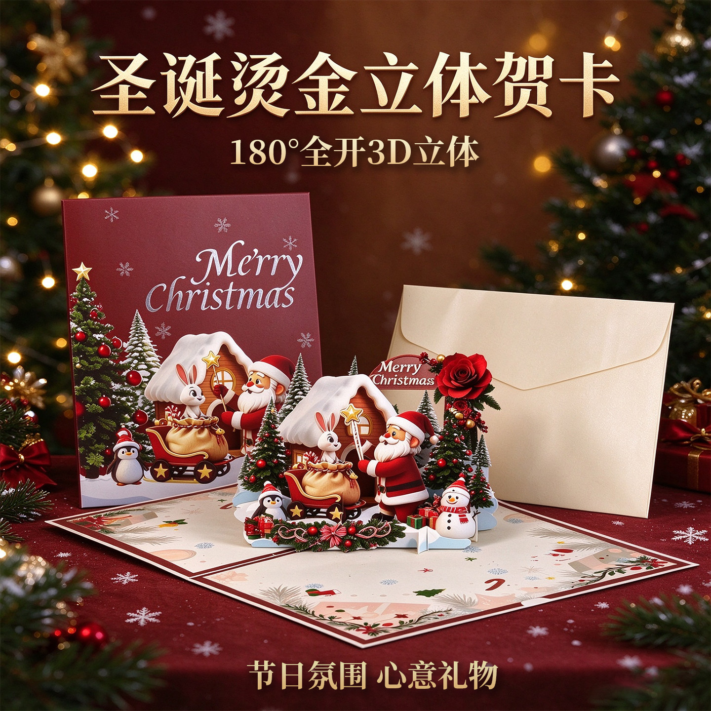 圣诞节贺卡3D立体创意英文2026年圣诞树高级感手写节日祝福卡片