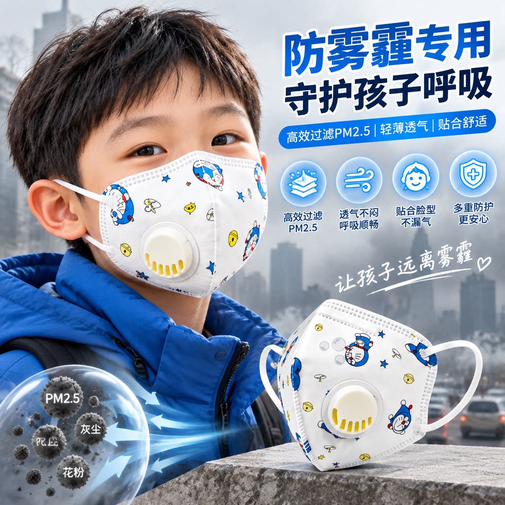 儿童kn95防雾霾专用口罩戴呼吸阀3-12岁独立包装过敏性鼻炎冷空气