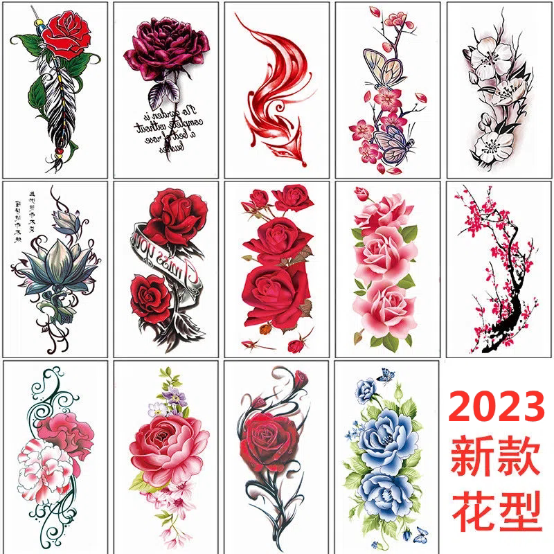 剖腹产纹身贴女防水持久大图彩色玫瑰花贴纸性感胸部肚子遮盖疤痕