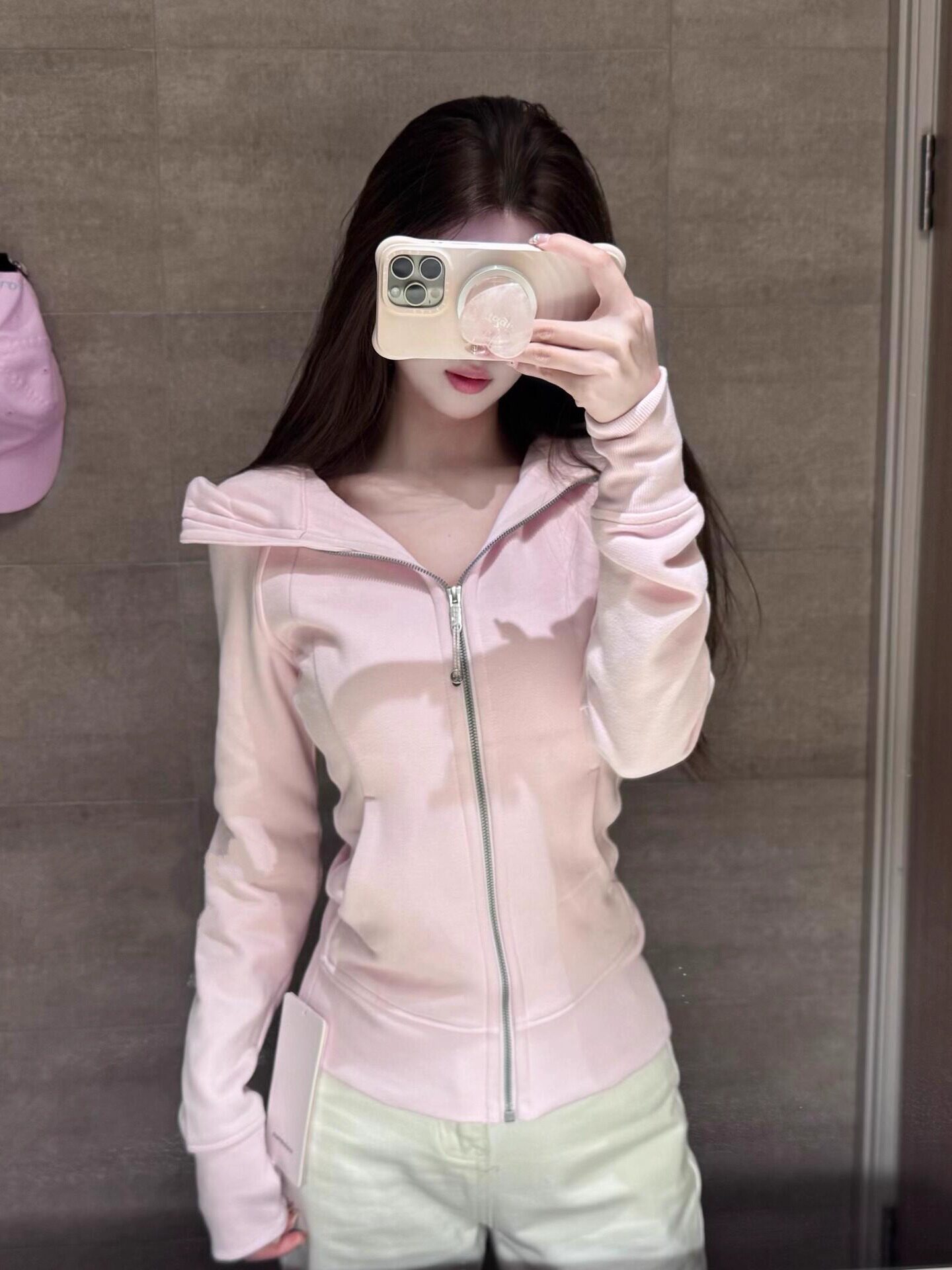 【陈小圆】韩国设计师修身宽松版喜悦粉加绒卫衣连帽拉链开衫外套