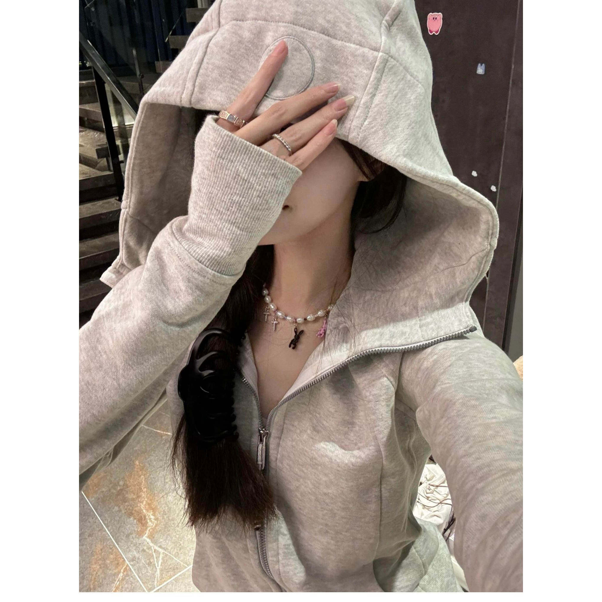 【陈小圆】韩国设计师修身版加绒卫衣浅灰黑连帽开衫拉链外套