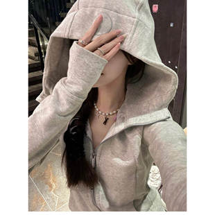 【陈小圆】韩国设计师修身版加绒卫衣浅灰黑连帽开衫拉链外套