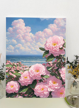 油画风客厅装饰画山茶花田园治愈系卧室桌面摆画北欧复古小众挂画