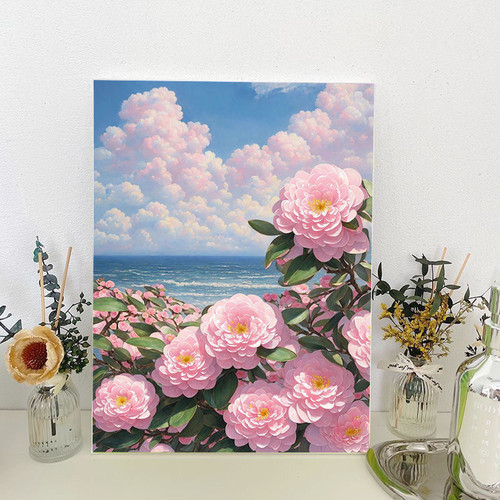 油画风客厅装饰画山茶花田园治愈系卧室桌面摆画北欧复古小众挂画