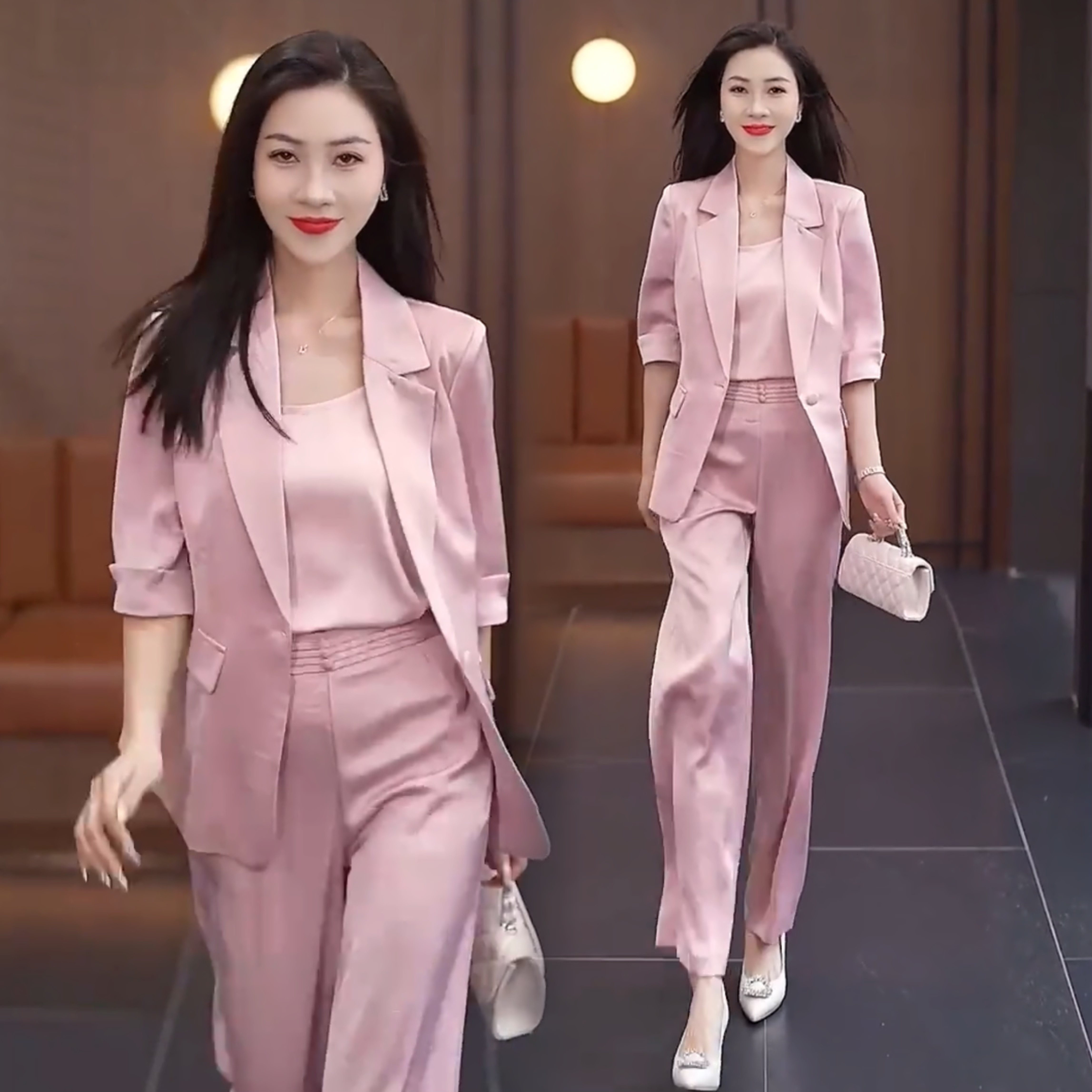 缎面天丝垂感西装套装女2026新款三件套装直筒裤子减龄西服夏凉感