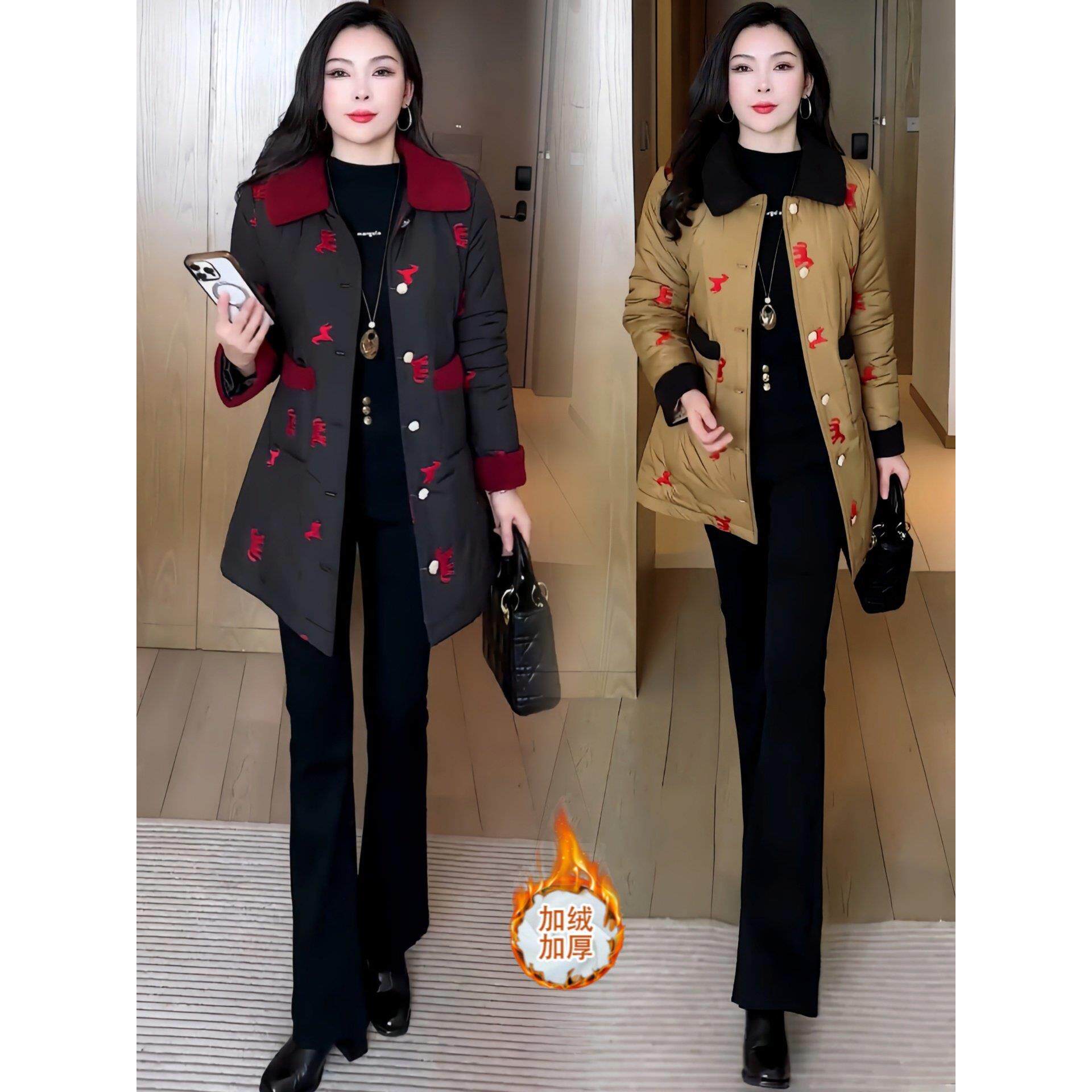 加绒加厚中长款保暖棉服女冬季新款修身显瘦外套时尚洋气刺绣棉袄