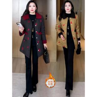 加绒加厚中长款保暖棉服女冬季新款修身显瘦外套时尚洋气刺绣棉袄