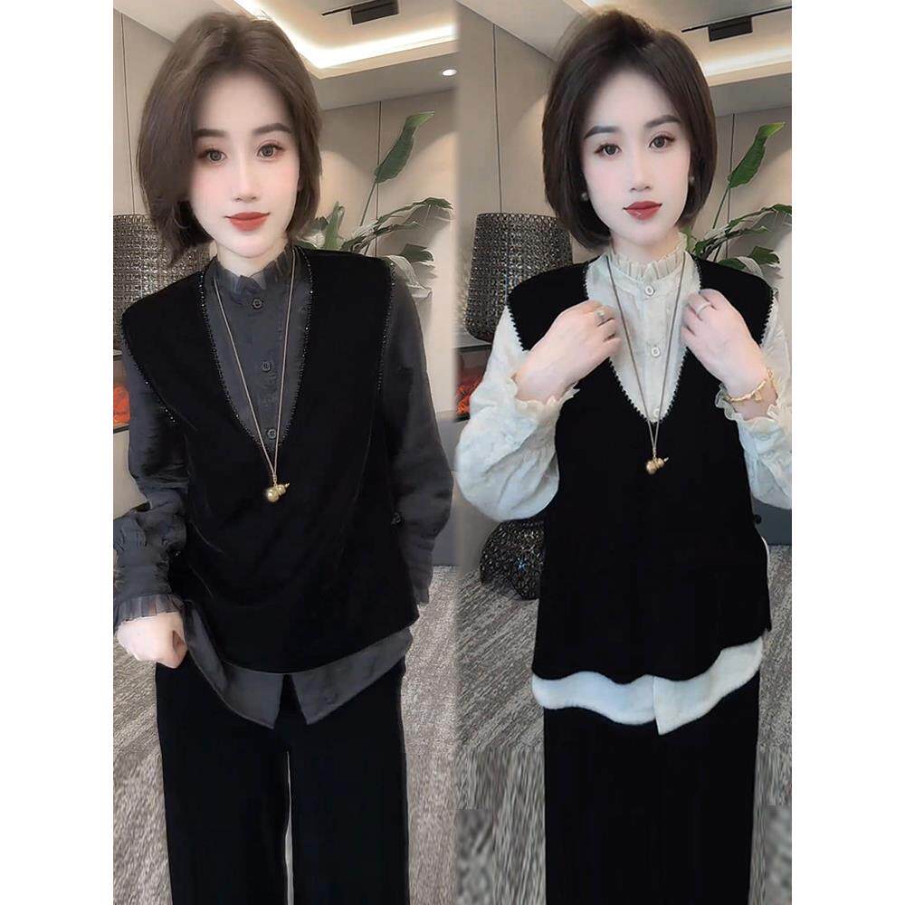 时尚套装女2026春季新款洋气显瘦高端丝绒马甲外套衬衫时髦两件套