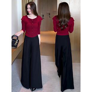 时尚气质套装女2025春季新款洋气设计感T恤上衣阔腿裤显瘦两件套