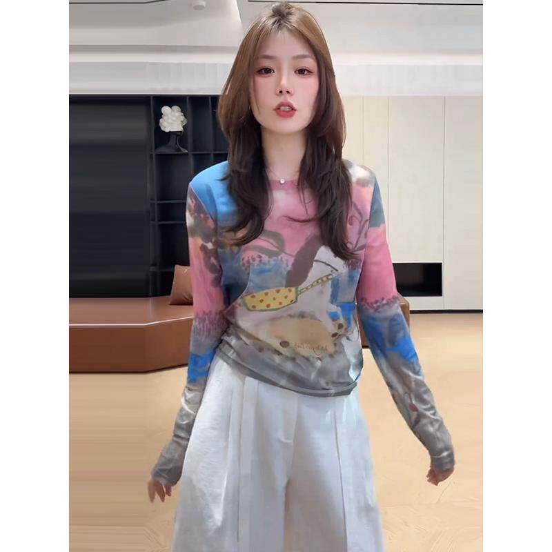 时尚韩版设计感印花长袖上衣女2026春夏新款洋气减龄显瘦休闲T恤