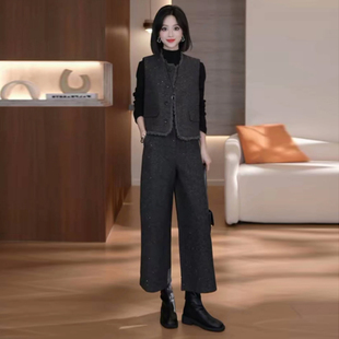 小香风时尚套装女士洋气质无袖马甲长袖打底衫阔腿裤名媛风三件套