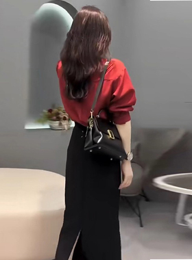 时尚气质衬衫早秋装新款气质优雅女款长袖衬衣巨好看轻熟红色上衣