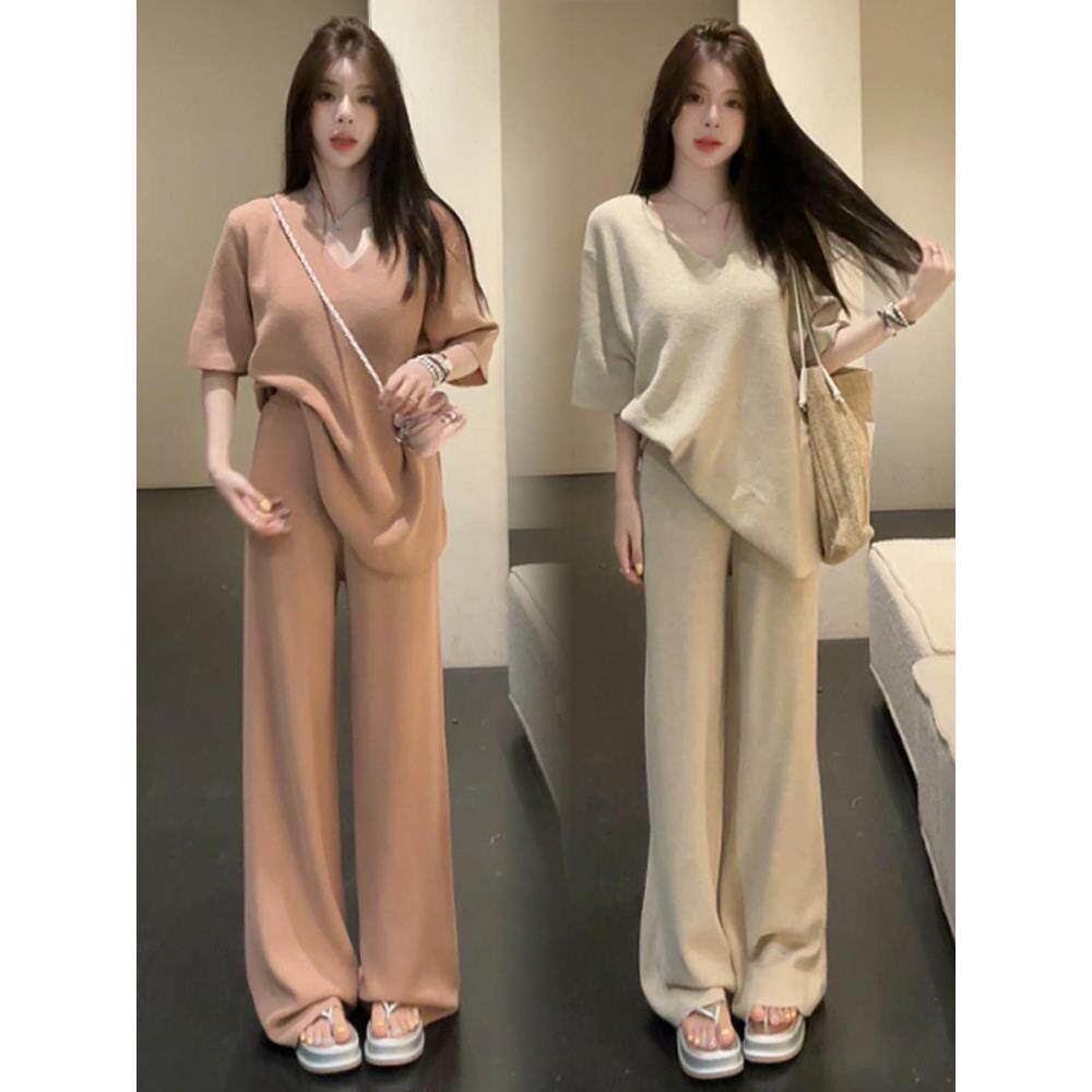 时尚套装女2026春夏新款宽松针织衫上衣阔腿裤慵懒风休闲两件套潮