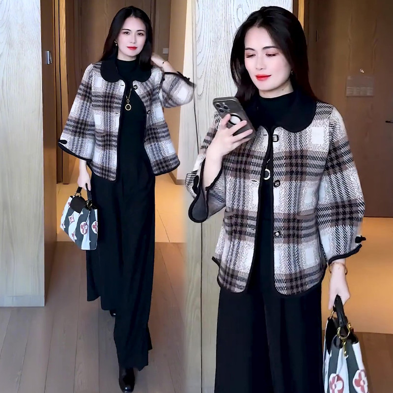 2025新款时尚两件套装女秋冬高级感气质显瘦格子外套阔腿裤显瘦