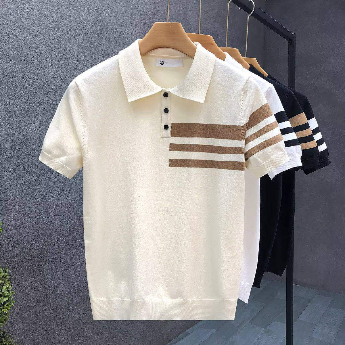 短袖男款polo衫夏季老钱风男装针织衫撞色条纹设计男生翻领上衣服