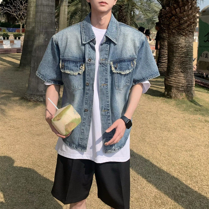 小众设计感翻领垫肩牛仔衬衫男