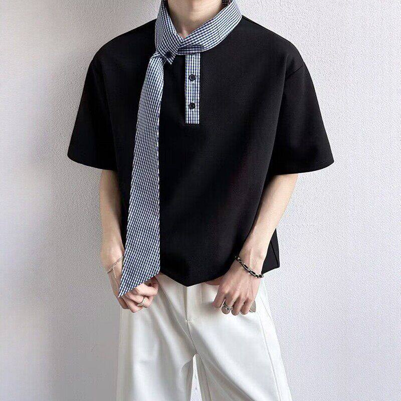 蓝色格子领带航海系短袖男设计感小众夏季正肩t恤假两件polo衫