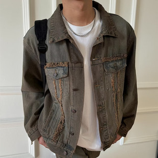 美式hiphop做旧牛仔外套男生秋季2023新款小众高级感痞帅工装夹克