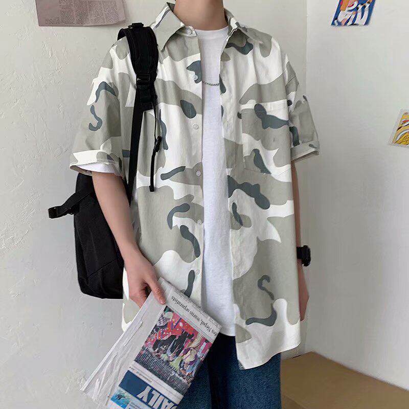 迷彩短袖衬衫男士宽松oversize