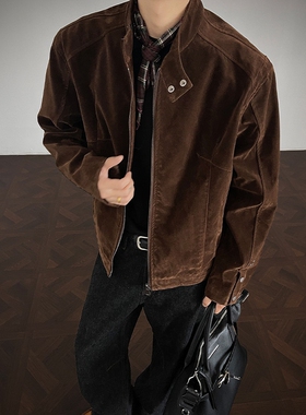 黑色麂皮正肩短款外套男秋季高级感痞帅哈灵顿夹克立领工装棒球服