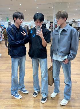 闪电波纹冰蓝色牛仔裤男美式高街水洗纹竹节直筒微喇牛仔工装裤子