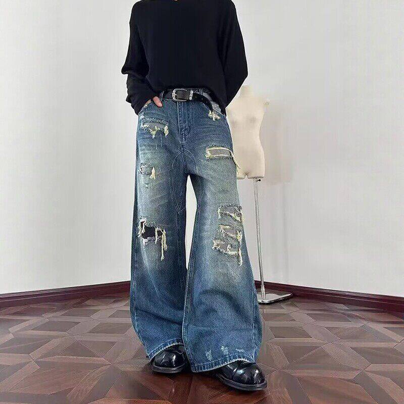 复古vibe破洞补丁牛仔裤男女宽松