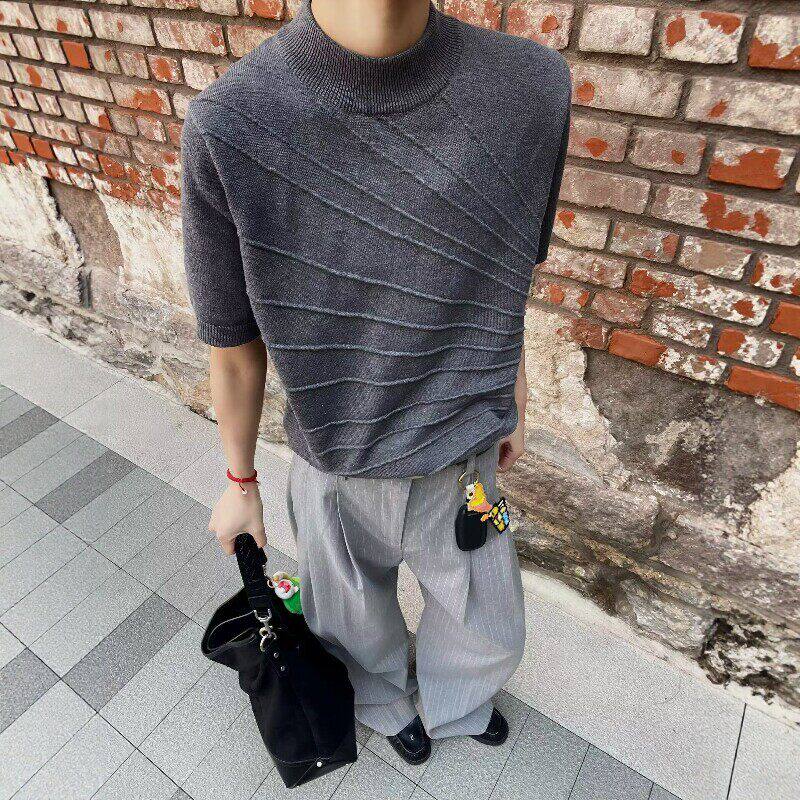 灰色老钱风半高领针织短袖男款夏季美式高街正肩t恤高级感半截袖