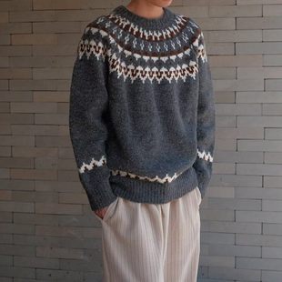 古着费尔岛拼色条纹毛衣男慵懒风宽松圆领圣诞针织衫 秋冬新款 法式