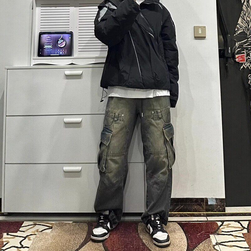 潮牌水洗做旧工装牛仔裤男女百搭