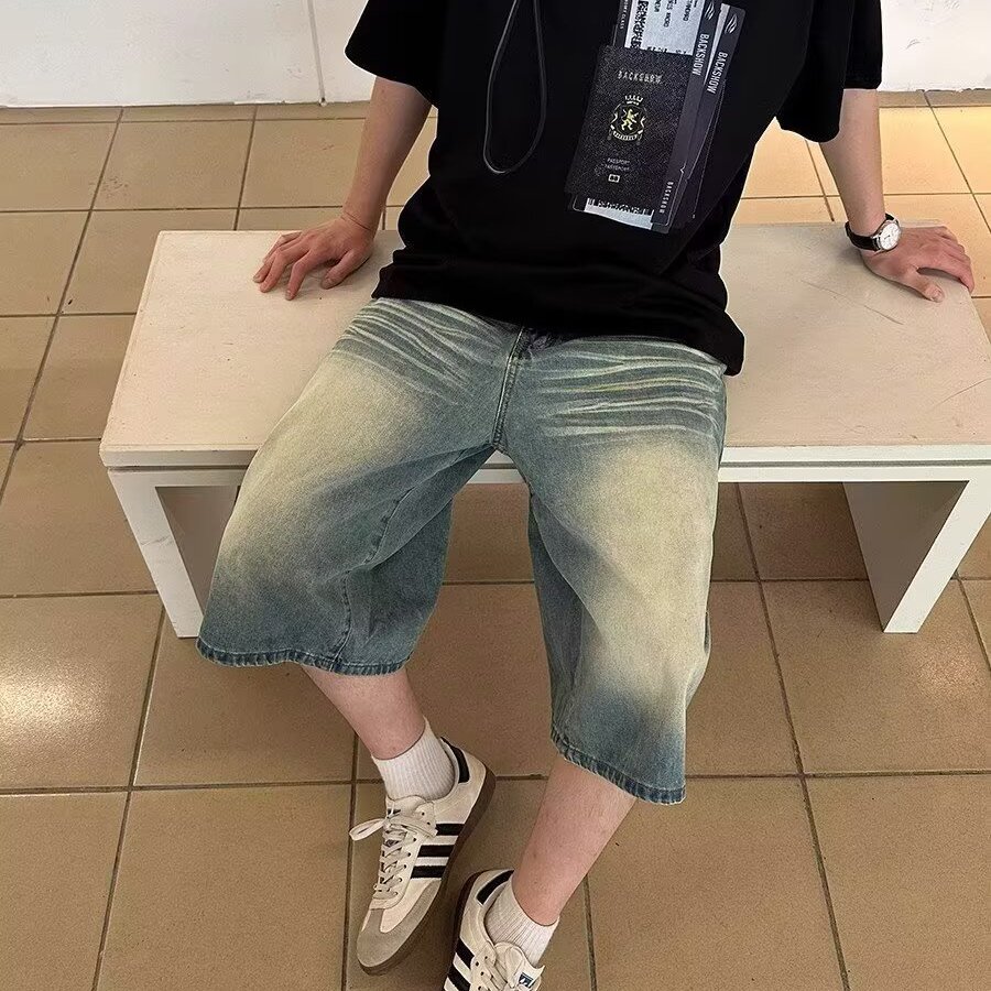 美式复古水洗折纹阔腿短款牛仔裤男女国潮夏季宽松直筒百搭七分裤