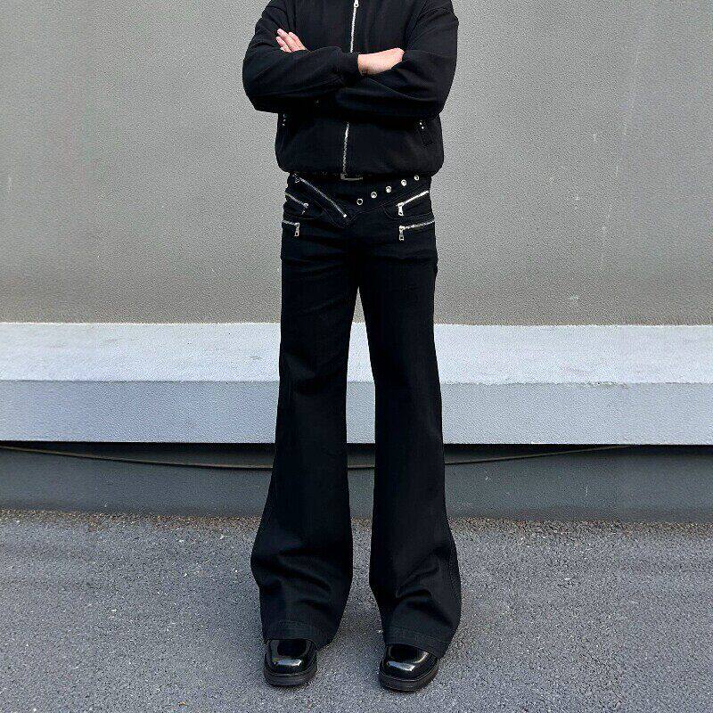 设计感多拉链腰头微喇牛仔裤男美式高街痞帅亚系宽松修身直筒裤子